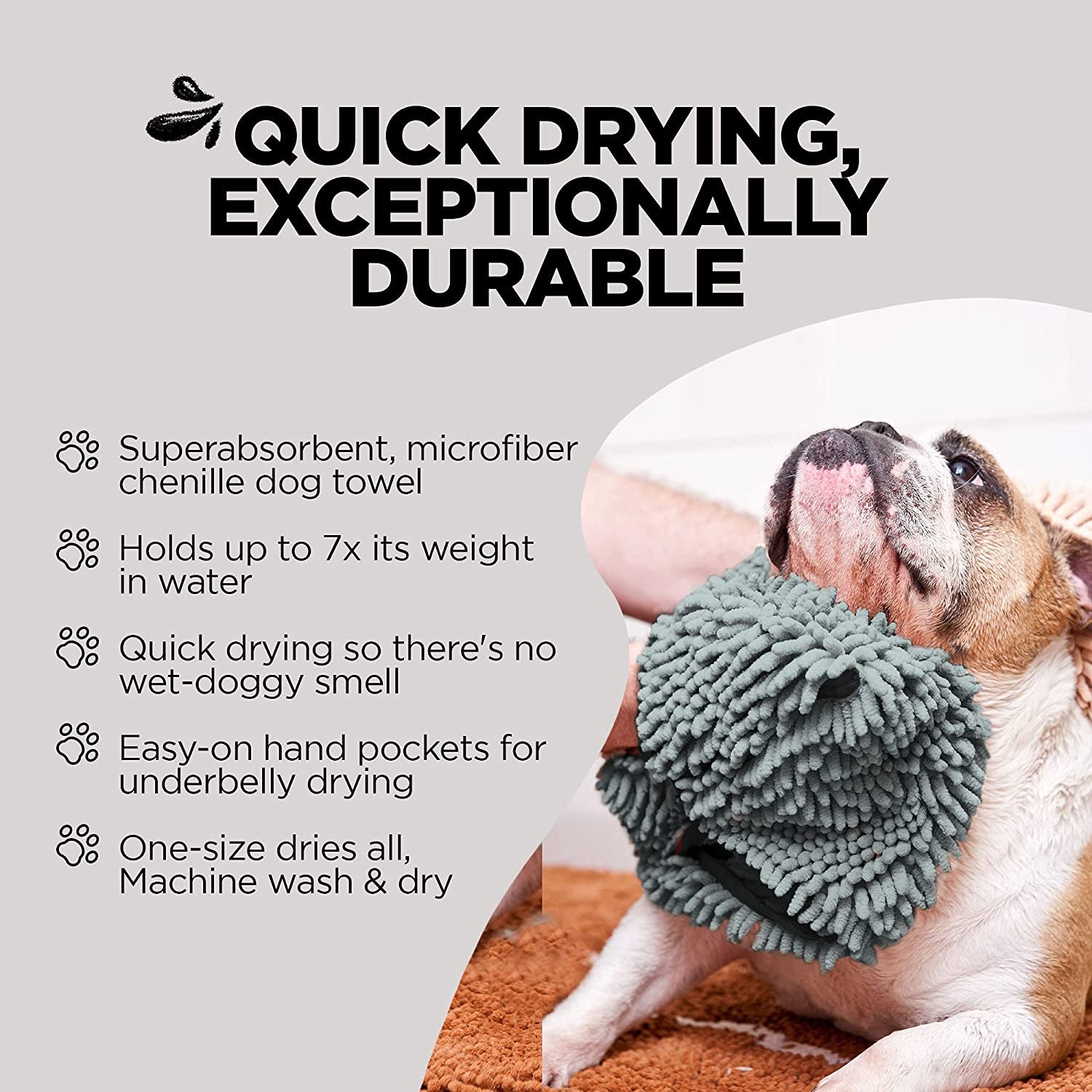 Soggy Doggy Super Shammy Dog Towel - Microfiber Chenille Towel for Drying Dogs and Cleaning Paws - Fast Drying with Hand Pockets for Ease (Gray, 31” X 14”)